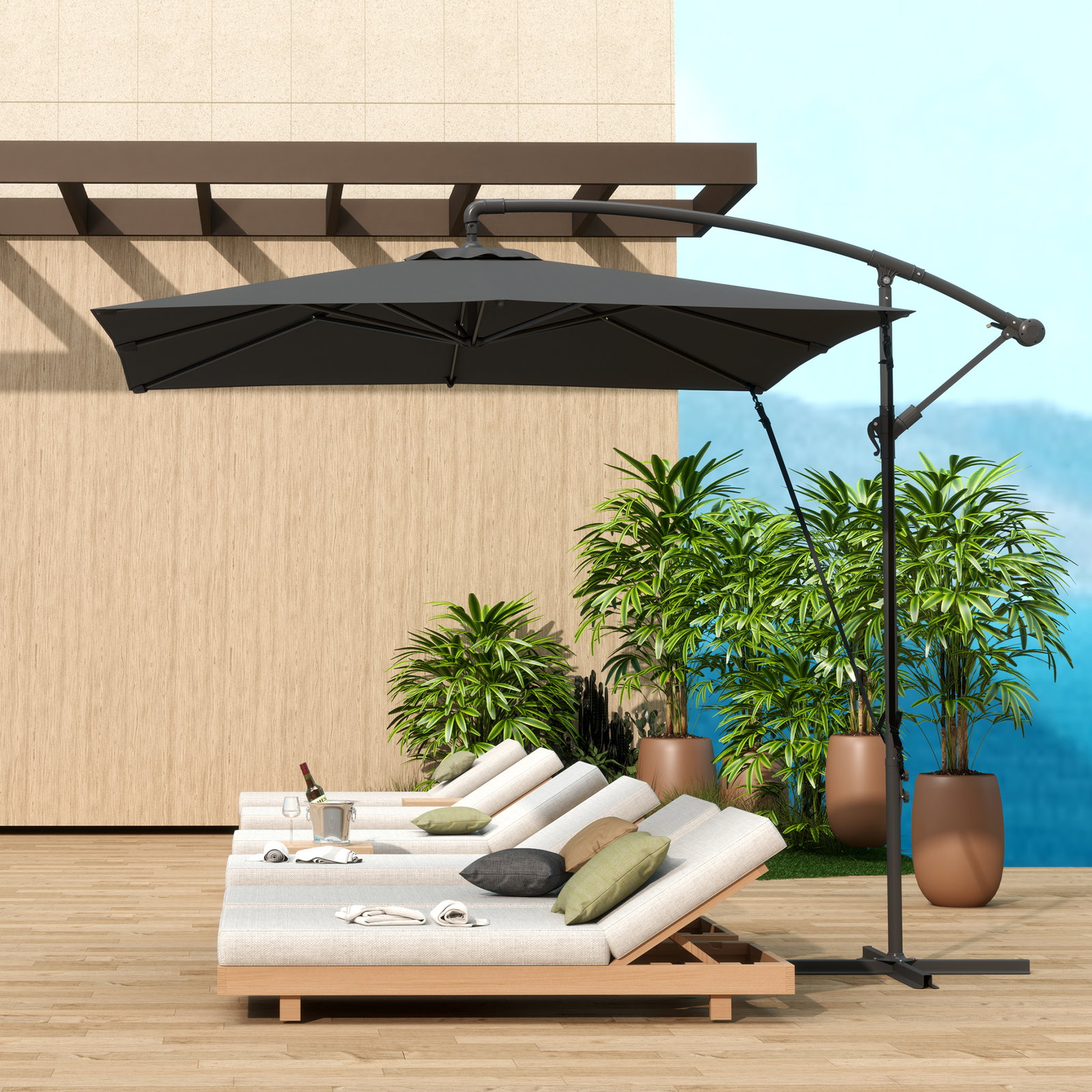 Chapéu de sol excêntrico 247x247 cm com base cruzada, manivela, capa protetora e cobertura giratória 360°, cinzento escuro