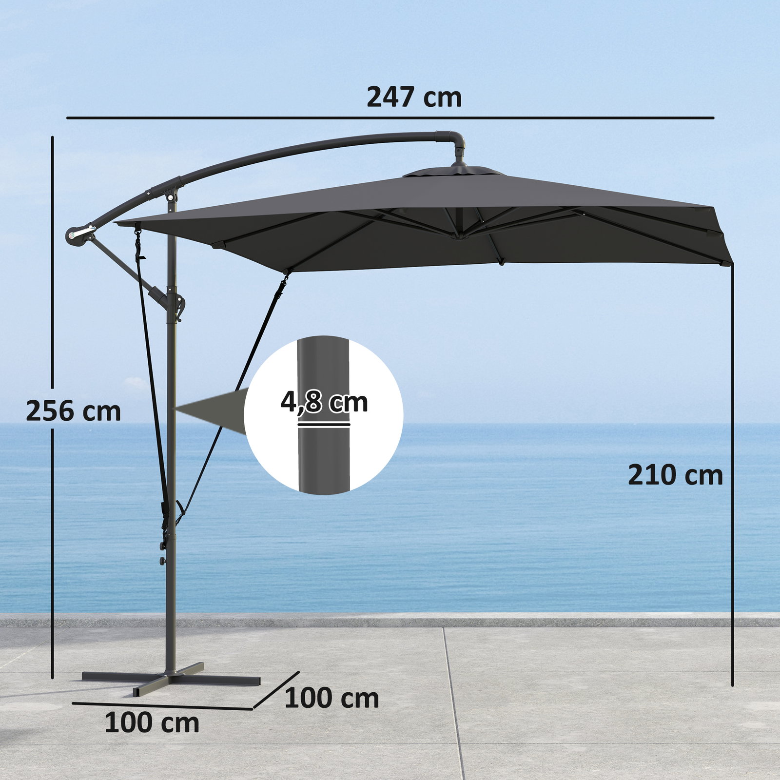 Chapéu de sol excêntrico 247x247 cm com base cruzada, manivela, capa protetora e cobertura giratória 360°, cinzento escuro