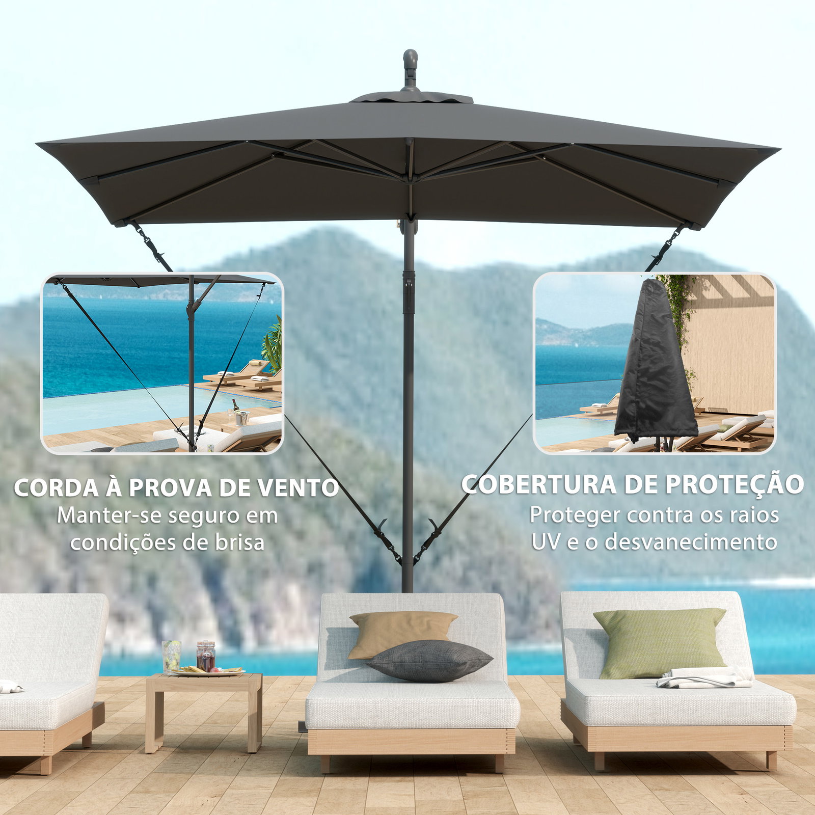 Chapéu de sol excêntrico 247x247 cm com base cruzada, manivela, capa protetora e cobertura giratória 360°, cinzento escuro