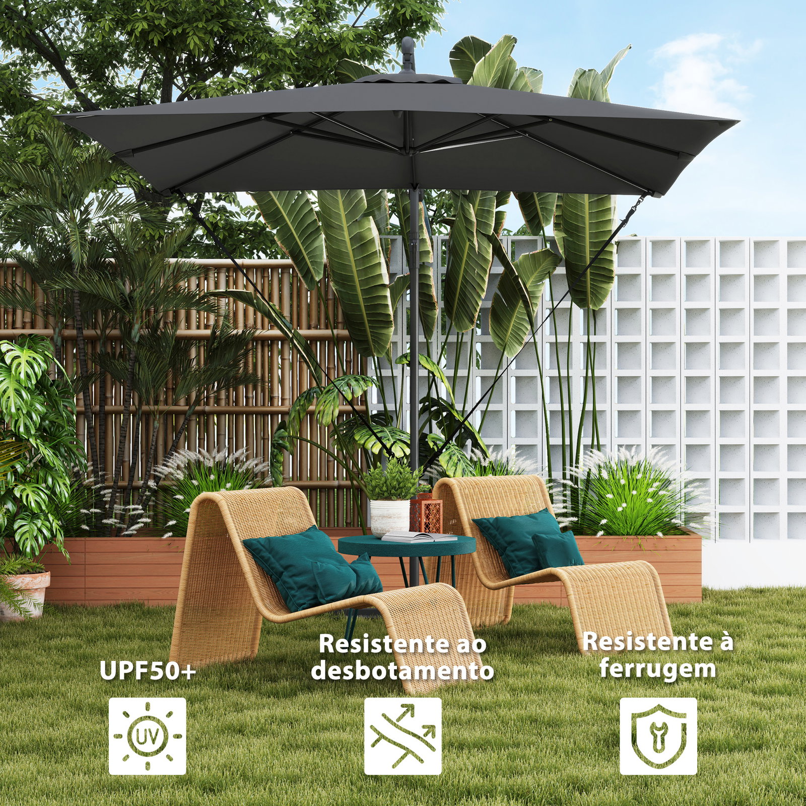 Chapéu de sol excêntrico 247x247 cm com base cruzada, manivela, capa protetora e cobertura giratória 360°, cinzento escuro