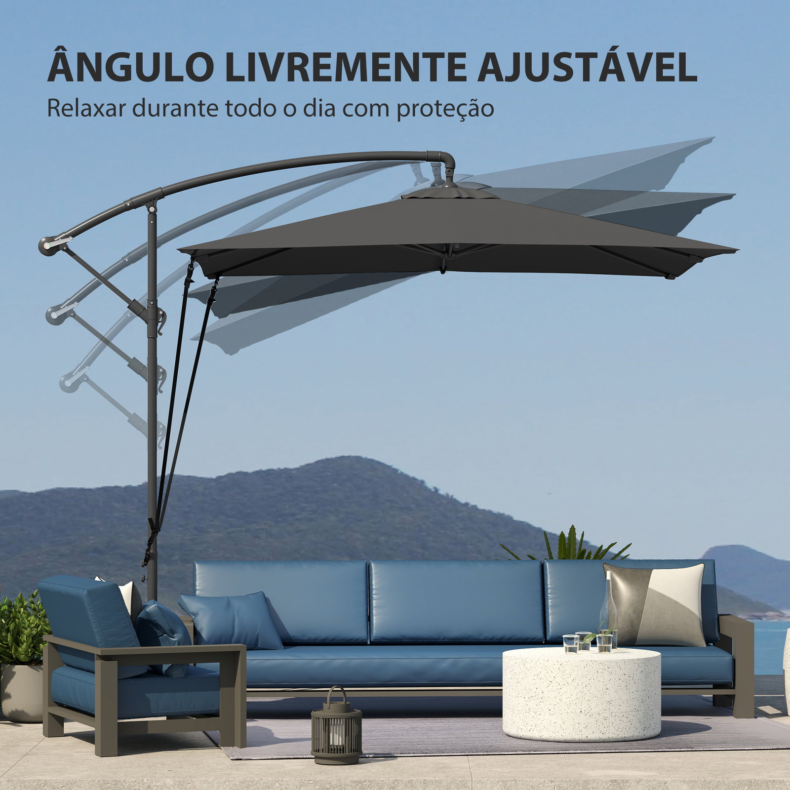 Chapéu de sol excêntrico 247x247 cm com base cruzada, manivela, capa protetora e cobertura giratória 360°, cinzento escuro