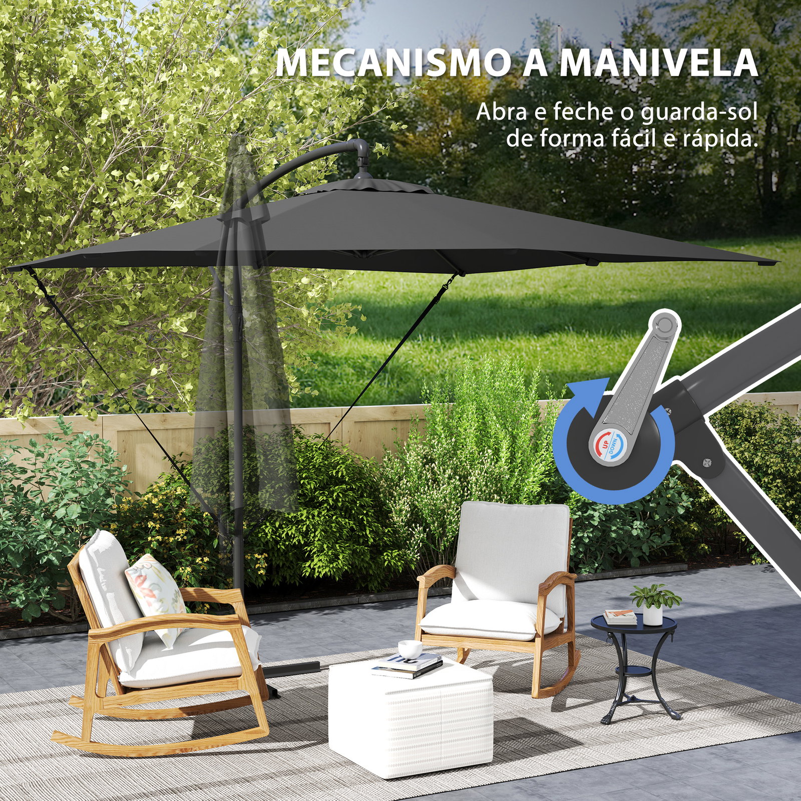Chapéu de sol excêntrico 247x247 cm com base cruzada, manivela, capa protetora e cobertura giratória 360°, cinzento escuro