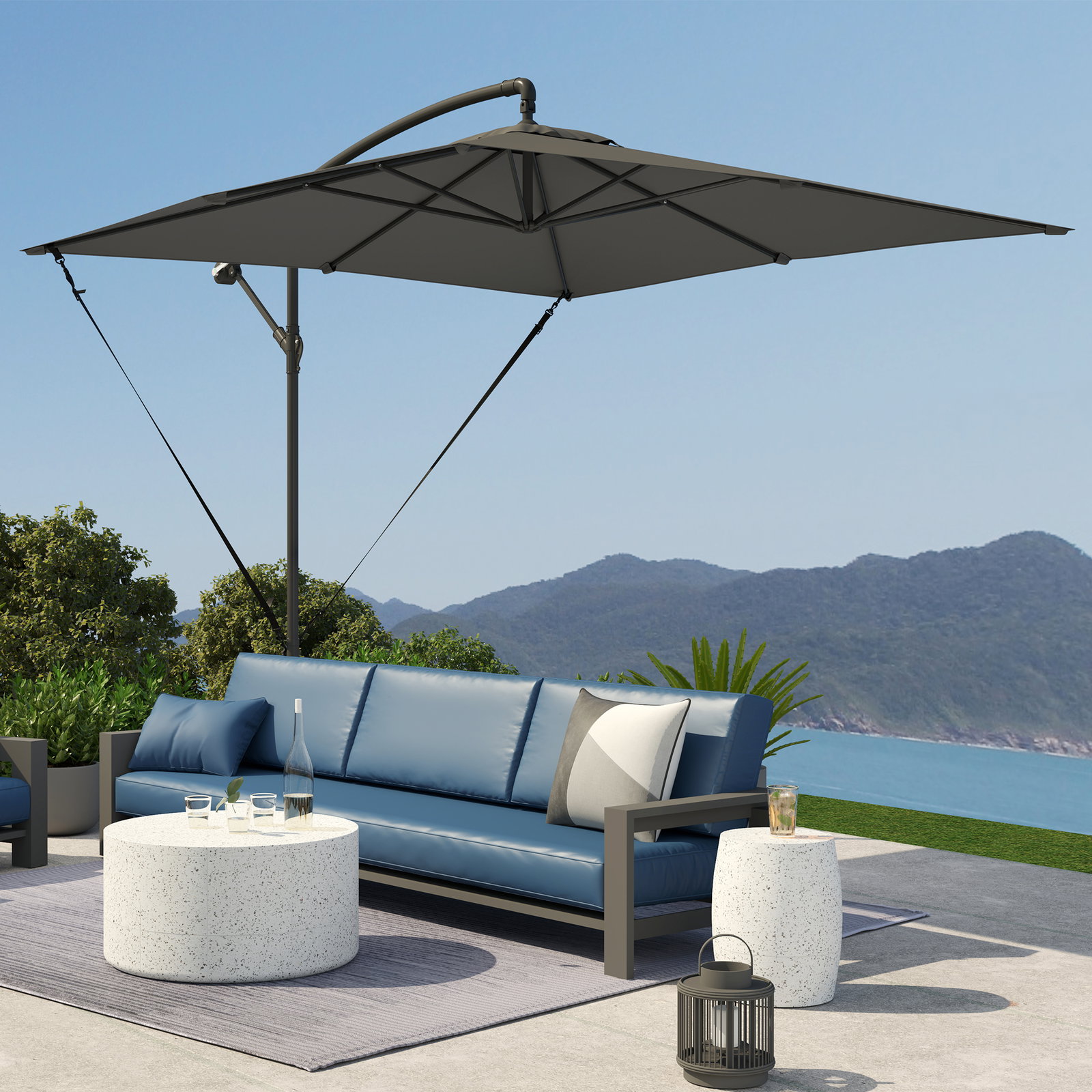 Chapéu de sol excêntrico 247x247 cm com base cruzada, manivela, capa protetora e cobertura giratória 360°, cinzento escuro