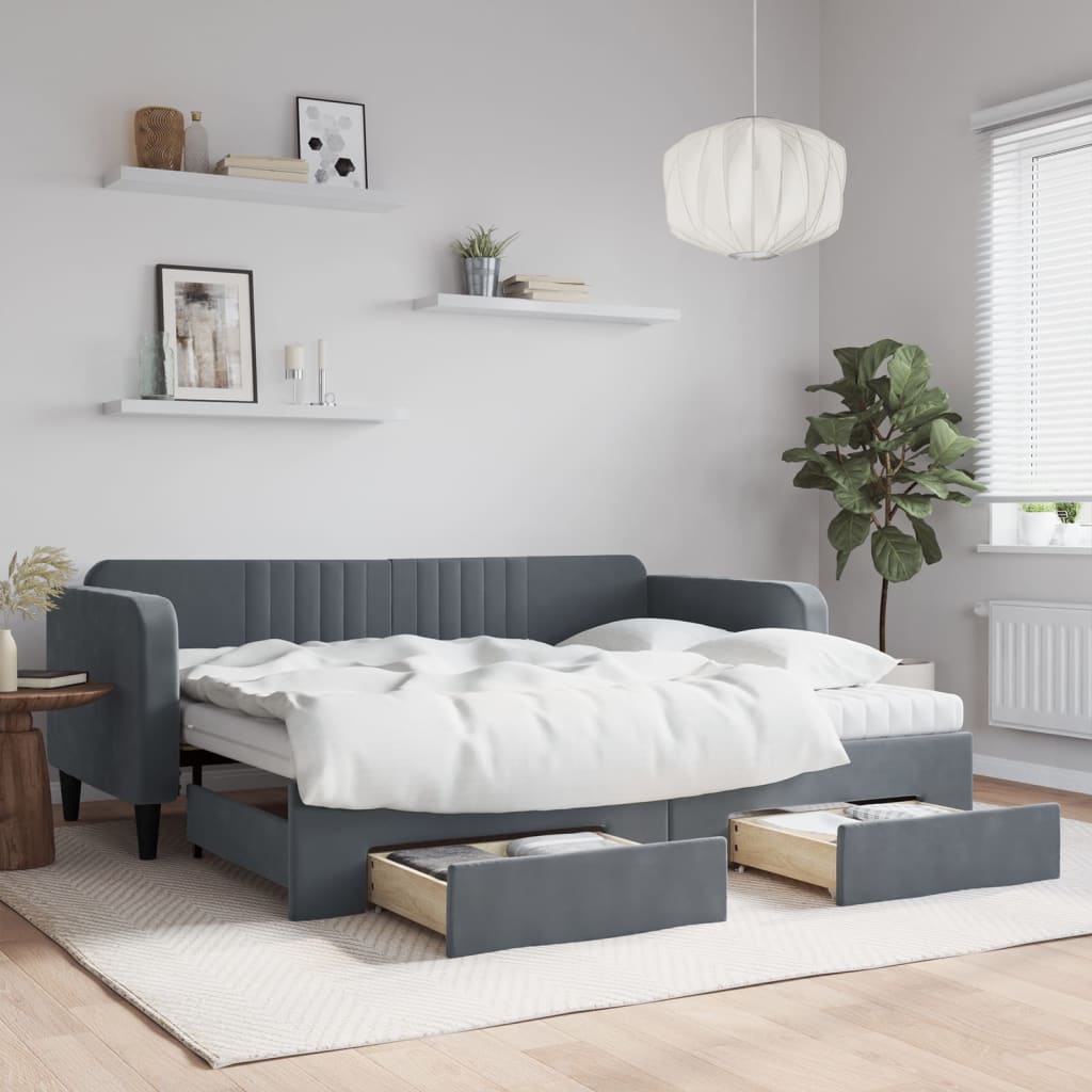Sofá-cama c/ gavetão e gavetas 90x200 cm veludo cinzento-escuro