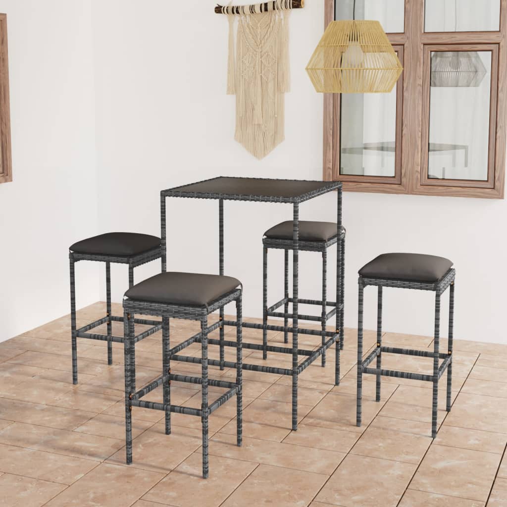 5 Pcs conjunto de bar p/ jardim c/ almofadões vime PE cinzento