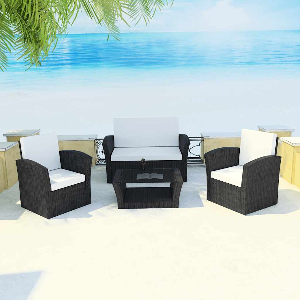 4 Pcs conjunto lounge de jardim c/ almofadões vime PE preto