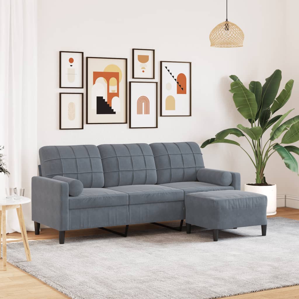Sofá de 3 lugares com apoio de pés 180 cm veludo cinza-escuro