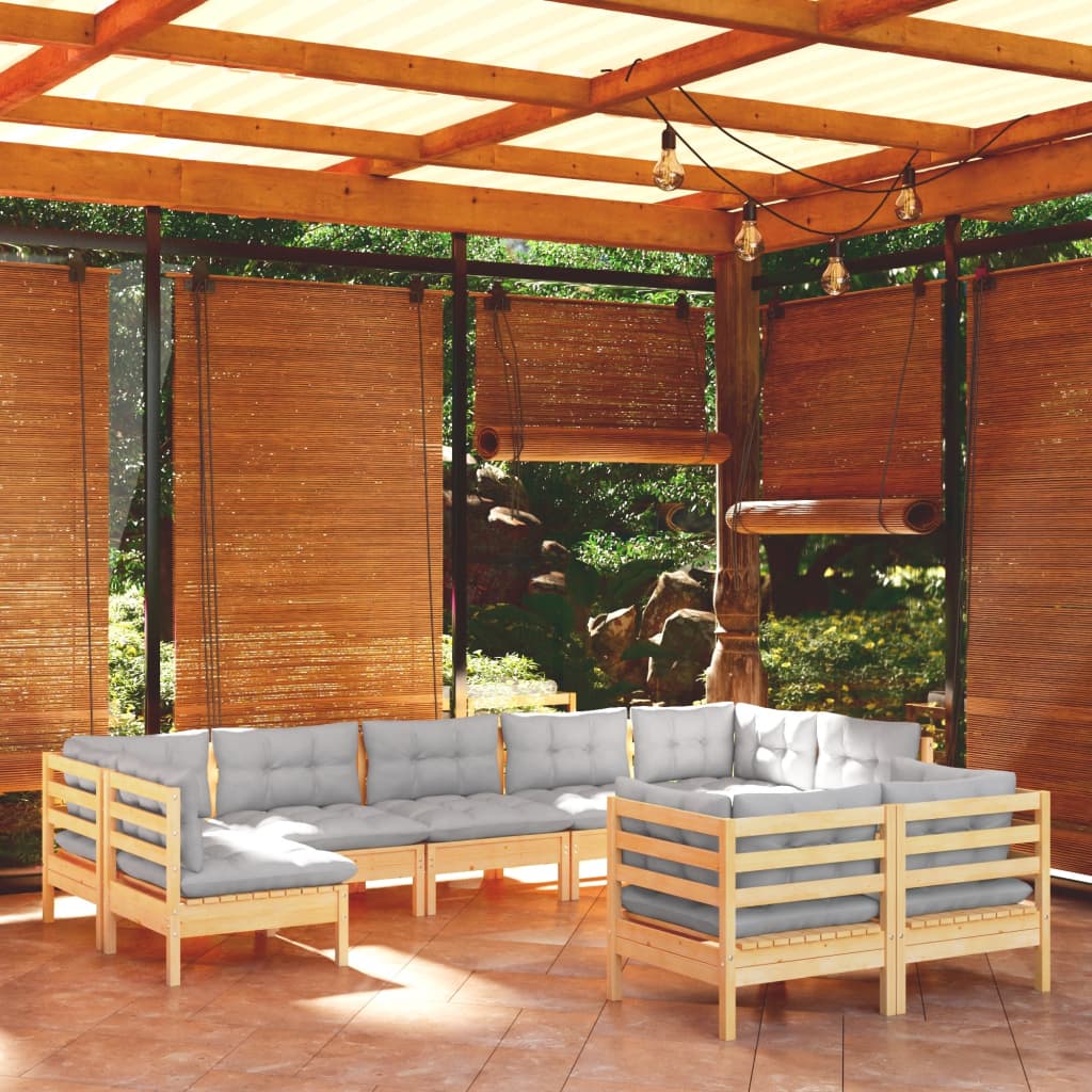 9 Pcs conjunto lounge de jardim + almofadões cinza pinho maciço