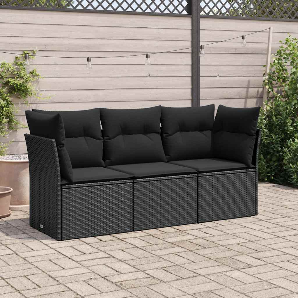 3 Pcs conjunto sofás de jardim com almofadões vime PE preto