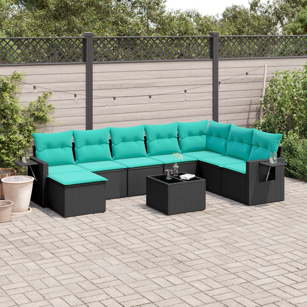 Conjunto de sofá de jardim de 9 peças com almofadas em rattan sintético preto