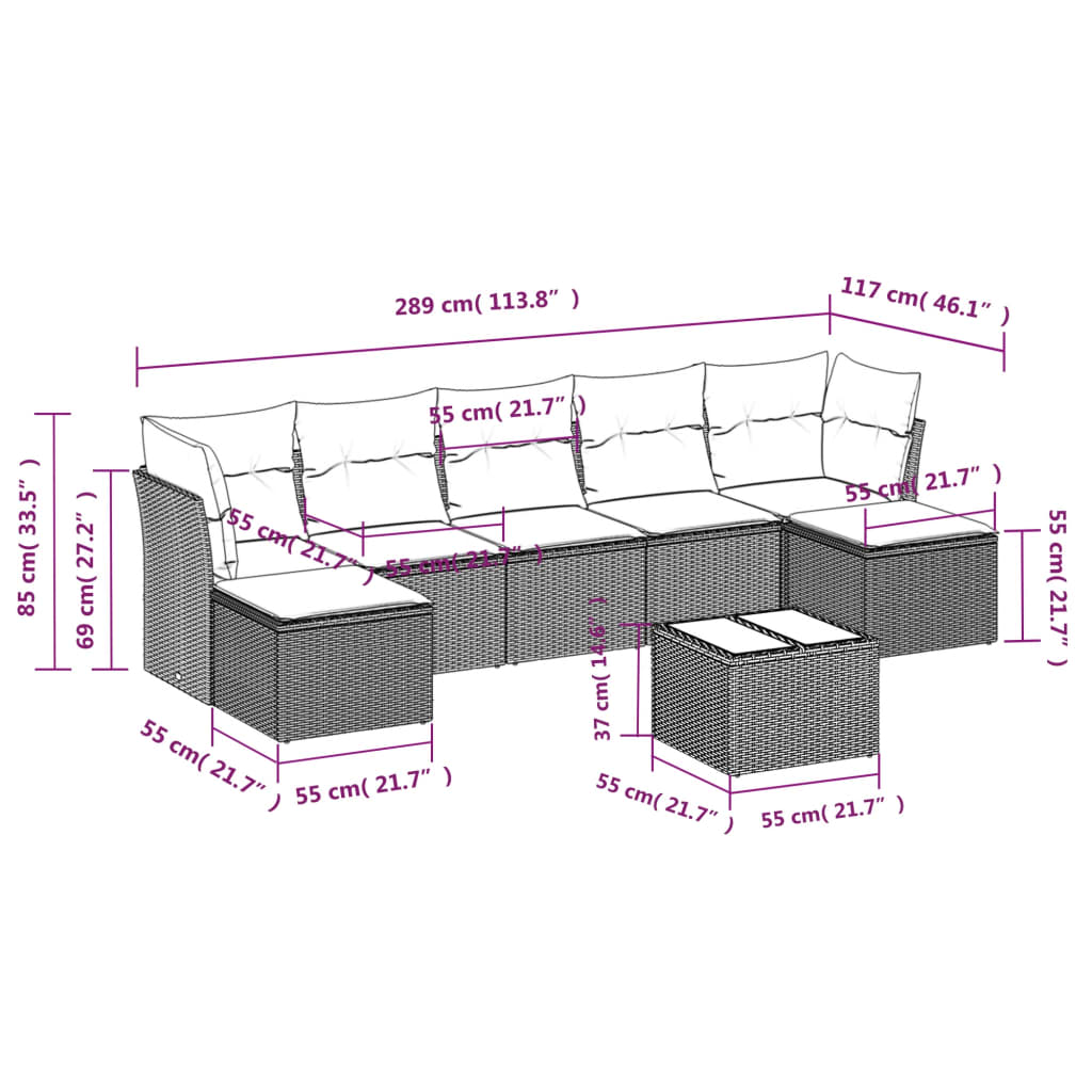 8 Pcs conjunto sofás de jardim c/ almofadões vime PE cinzento