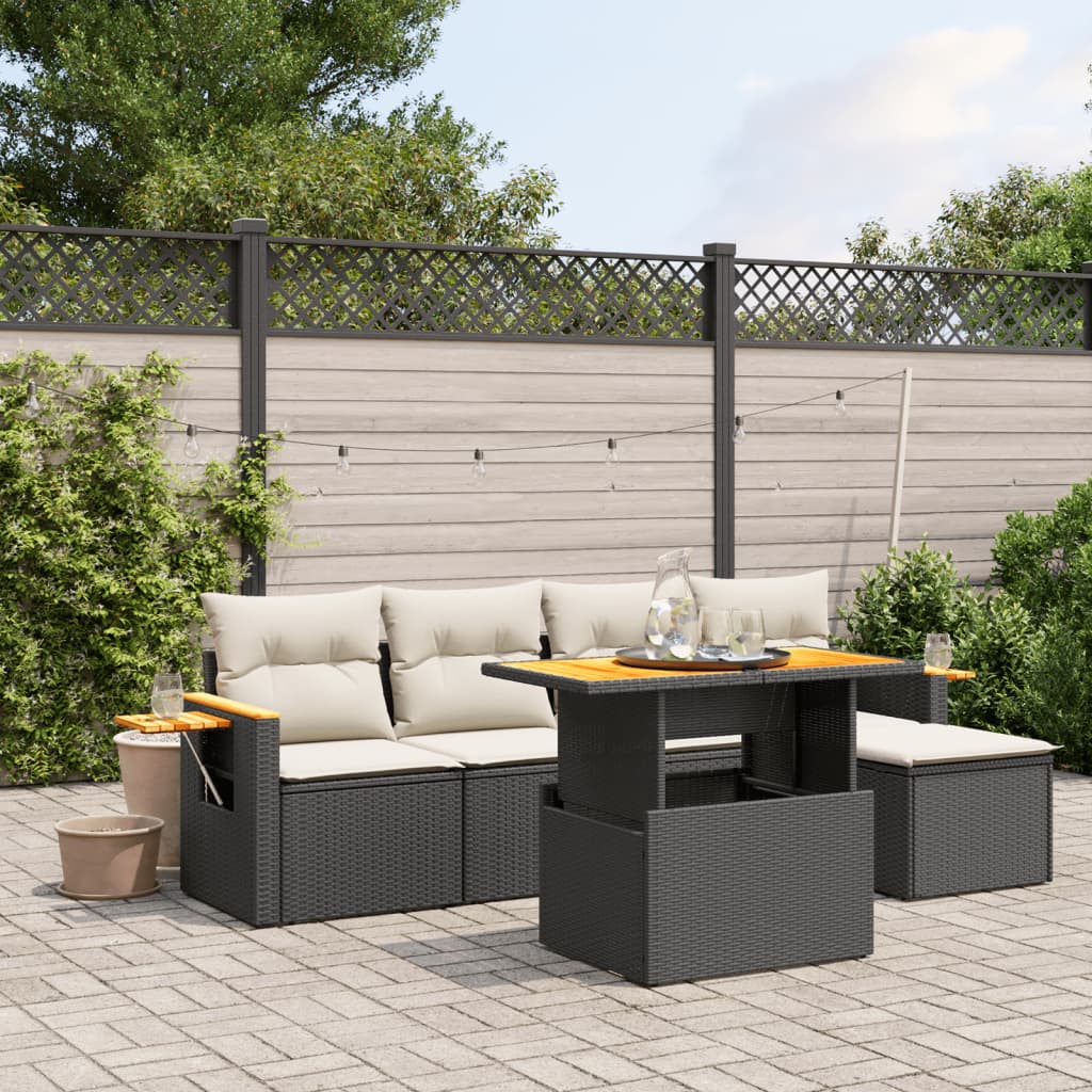 6 Pcs conjunto sofás de jardim c/ almofadões vime PE preto