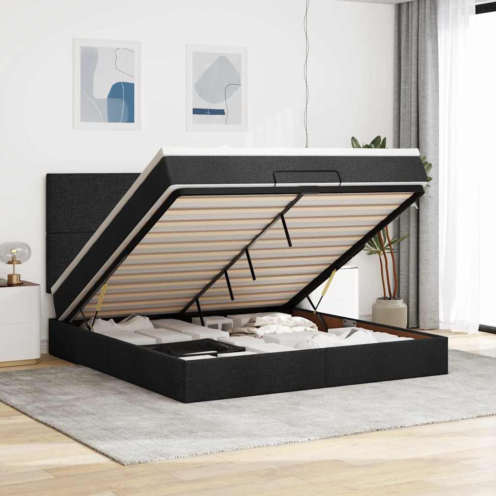 Estrutura de cama otomana com colchão 180x200 cm tecido preto