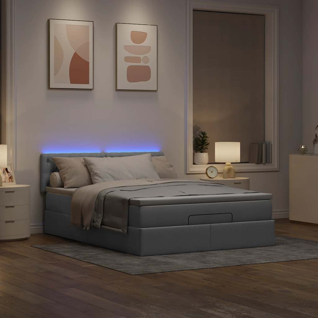 Cama otomana com colchão & leds cinzento claro 140x190cm tecido