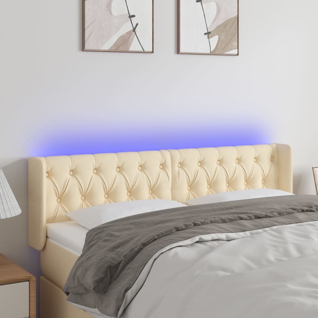 Cabeceira de cama c/ luzes LED tecido 147x16x78/88 cm cor creme