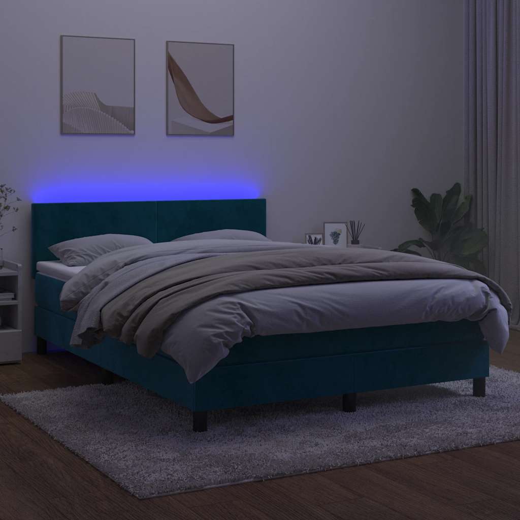 Cama box spring c/ colchão/LED 140x200 cm veludo azul-escuro