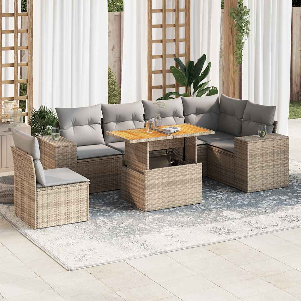 7 Pcs conjunto de sofás p/ jardim com almofadões vime PE bege