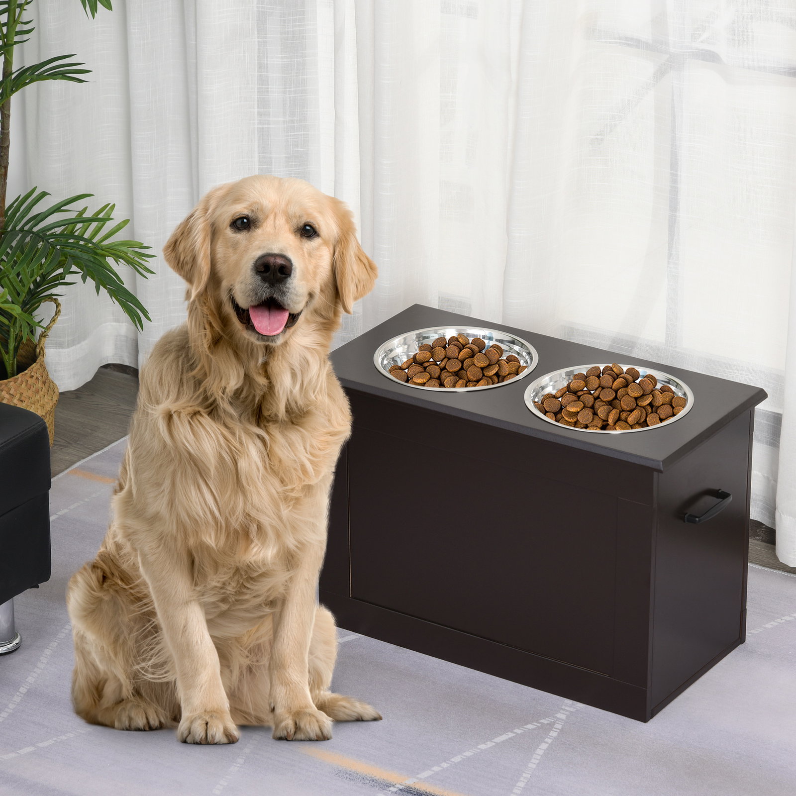 Comedouro Elevado para Cães com 2 Tigelas de Aço Inoxidável e Espaço de Armazenamento Oculto 60x30x41 cm Castanho Escuro