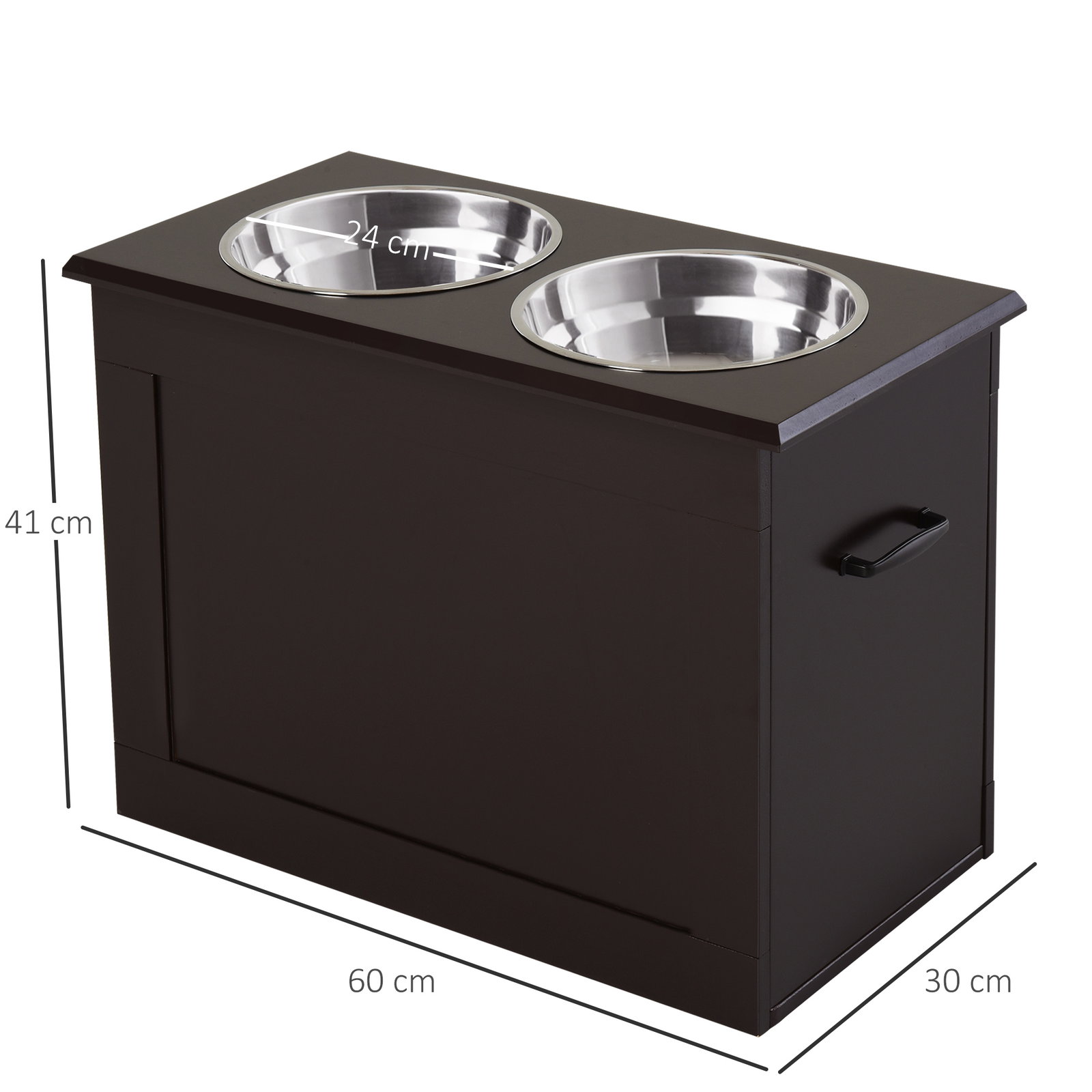 Comedouro Elevado para Cães com 2 Tigelas de Aço Inoxidável e Espaço de Armazenamento Oculto 60x30x41 cm Castanho Escuro