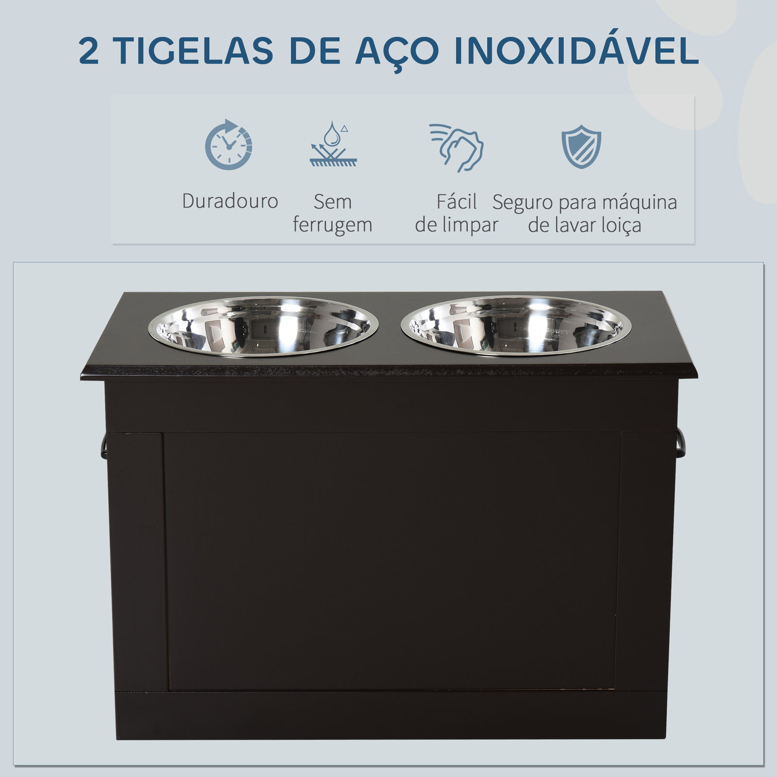 Comedouro Elevado para Cães com 2 Tigelas de Aço Inoxidável e Espaço de Armazenamento Oculto 60x30x41 cm Castanho Escuro