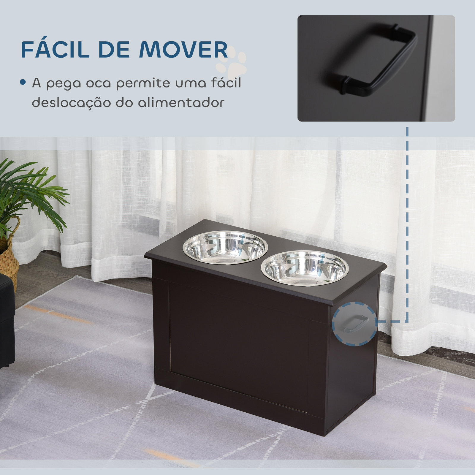 Comedouro Elevado para Cães com 2 Tigelas de Aço Inoxidável e Espaço de Armazenamento Oculto 60x30x41 cm Castanho Escuro