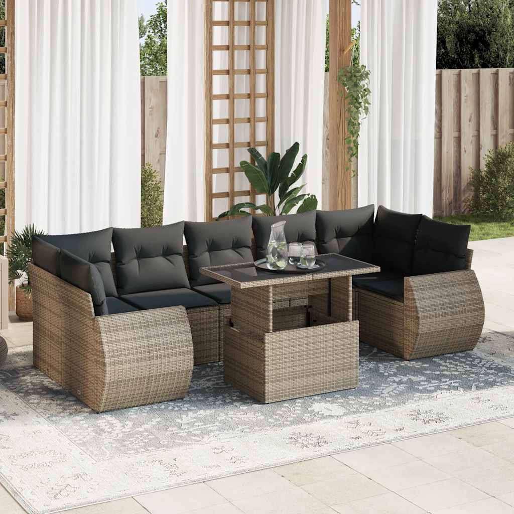 8 Pcs conjunto sofás de jardim c/ almofadões vime PE cinzento