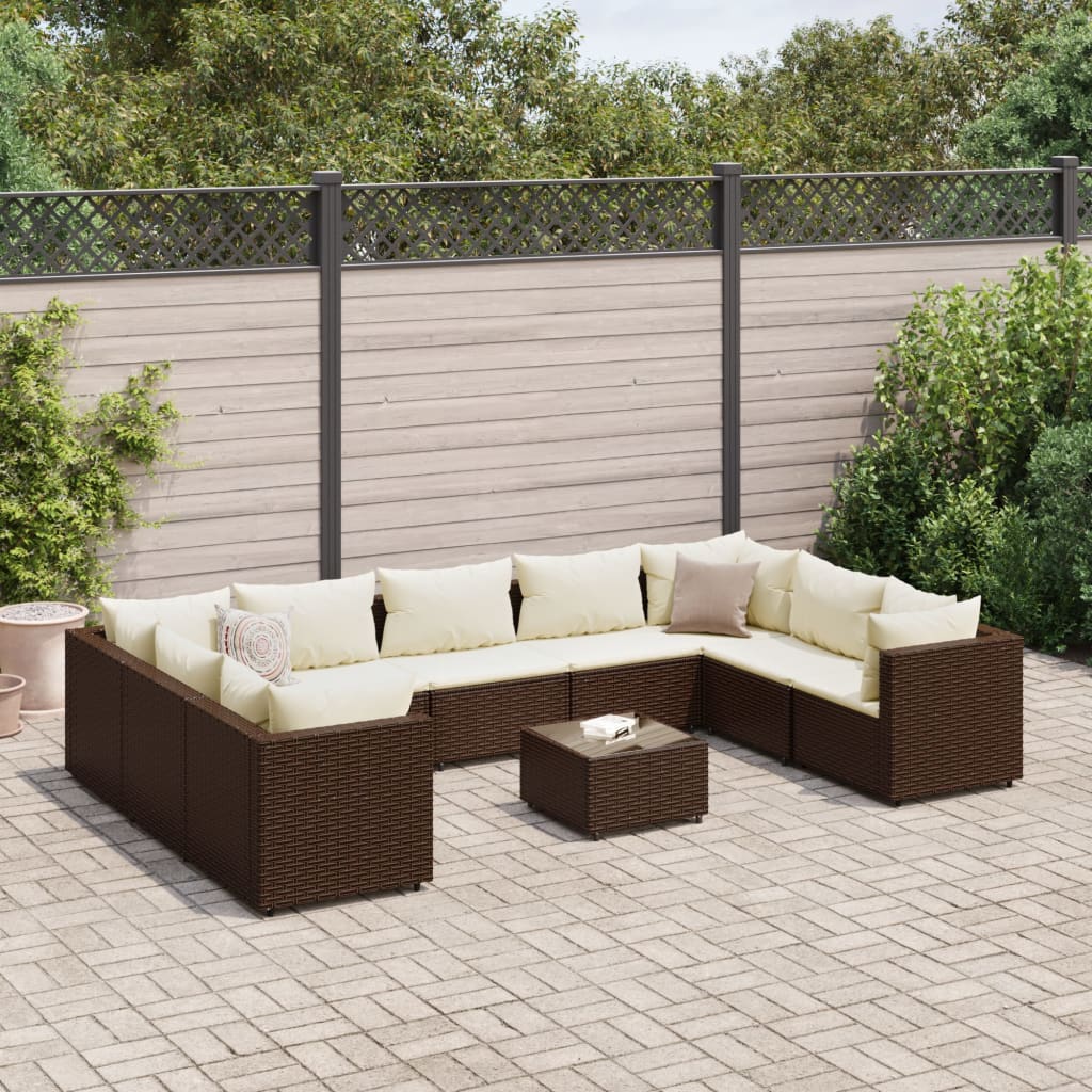 10 Pcs conjunto lounge jardim c/ almofadões vime PE castanho