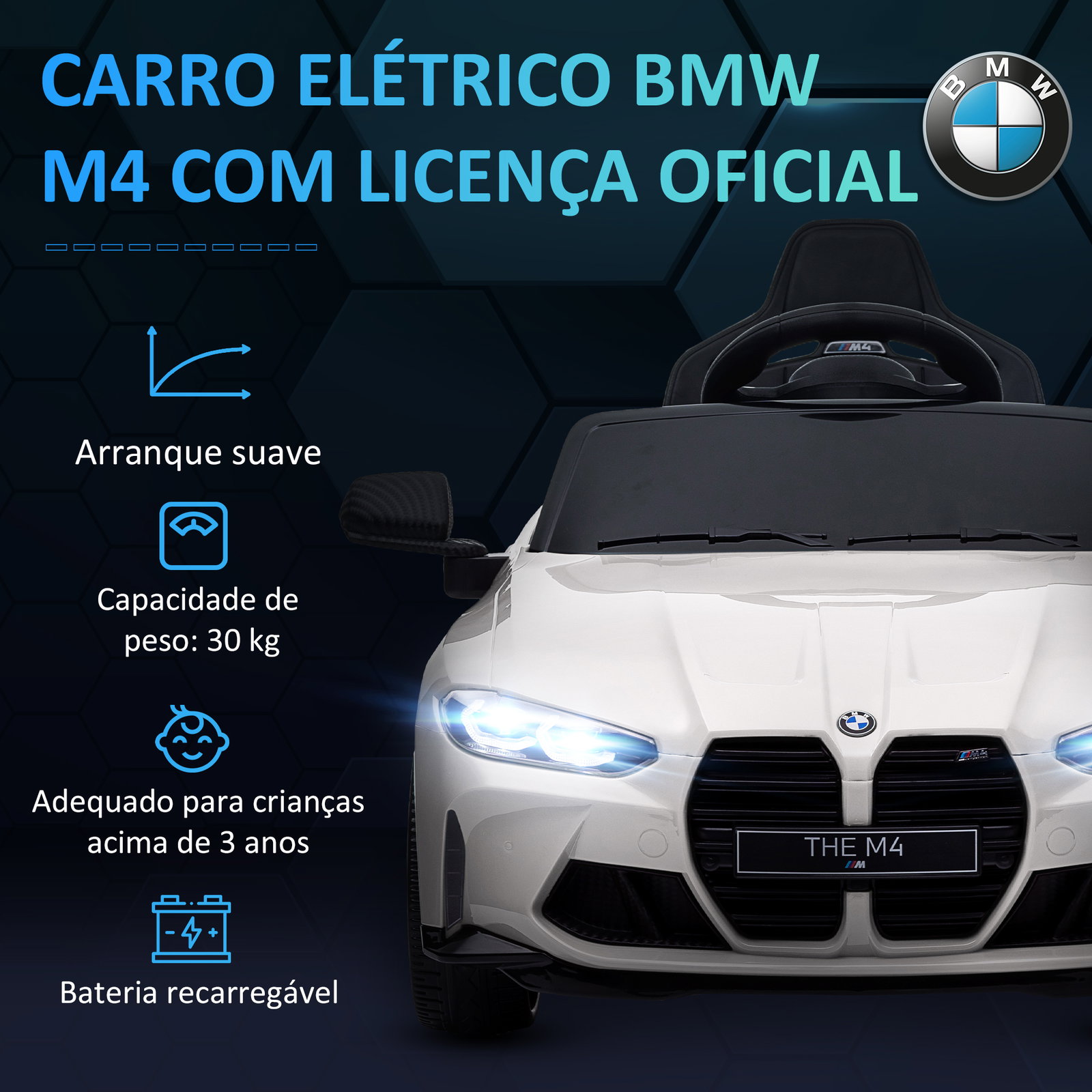 Carro elétrico para crianças bmw m4 12v com controlo remoto faróis buzina música e velocidade 3-5 km/h 108x69,5x51 cm branco