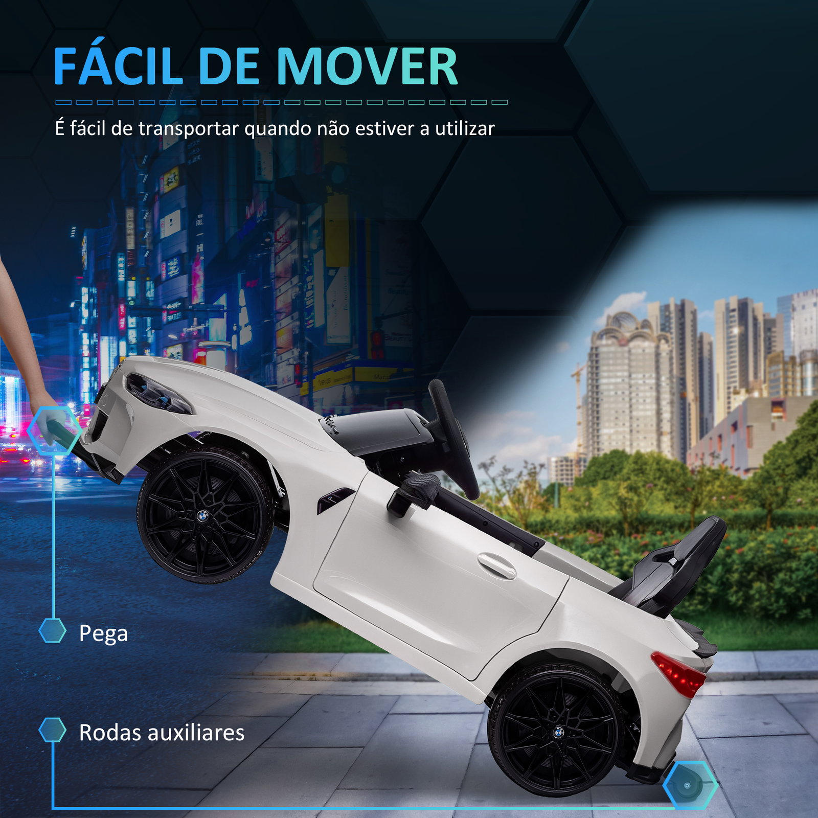 Carro elétrico para crianças bmw m4 12v com controlo remoto faróis buzina música e velocidade 3-5 km/h 108x69,5x51 cm branco