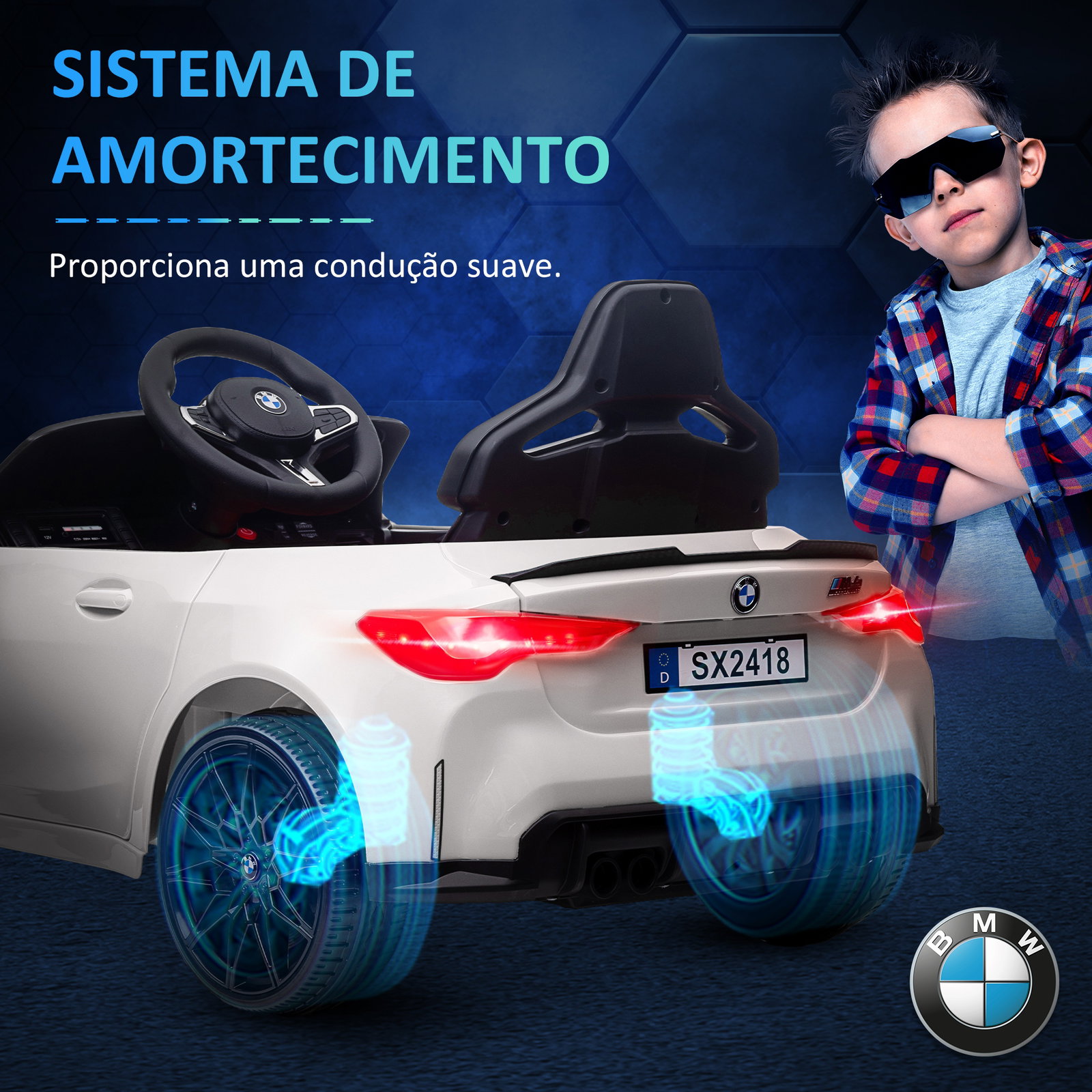 Carro elétrico para crianças bmw m4 12v com controlo remoto faróis buzina música e velocidade 3-5 km/h 108x69,5x51 cm branco