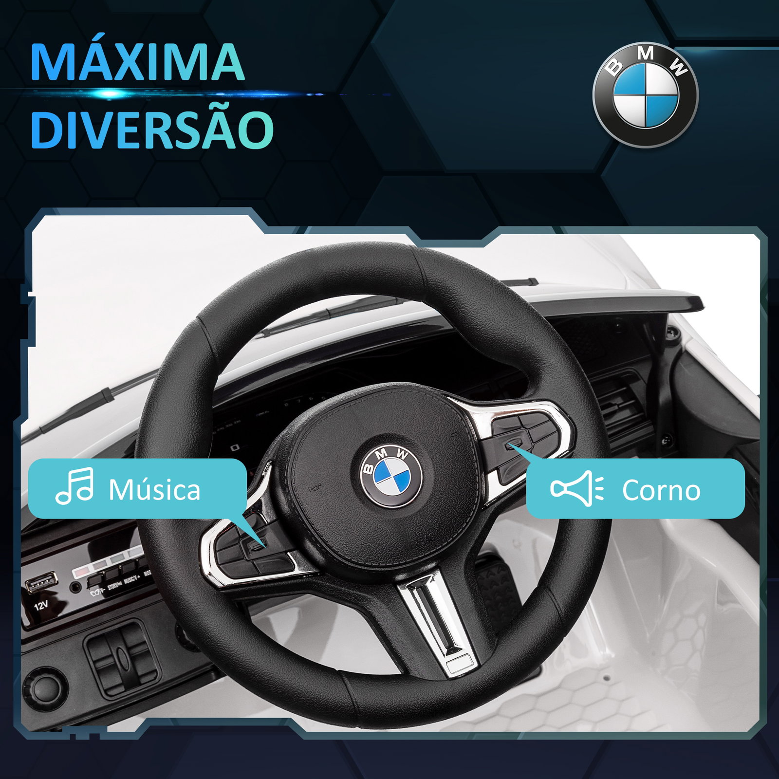 Carro elétrico para crianças bmw m4 12v com controlo remoto faróis buzina música e velocidade 3-5 km/h 108x69,5x51 cm branco