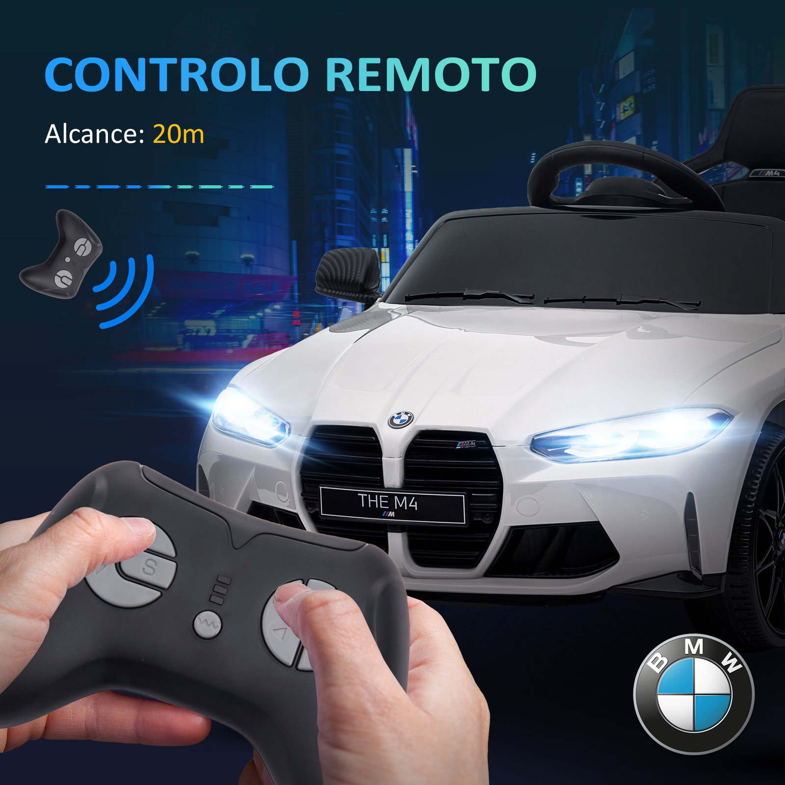 Carro elétrico para crianças bmw m4 12v com controlo remoto faróis buzina música e velocidade 3-5 km/h 108x69,5x51 cm branco