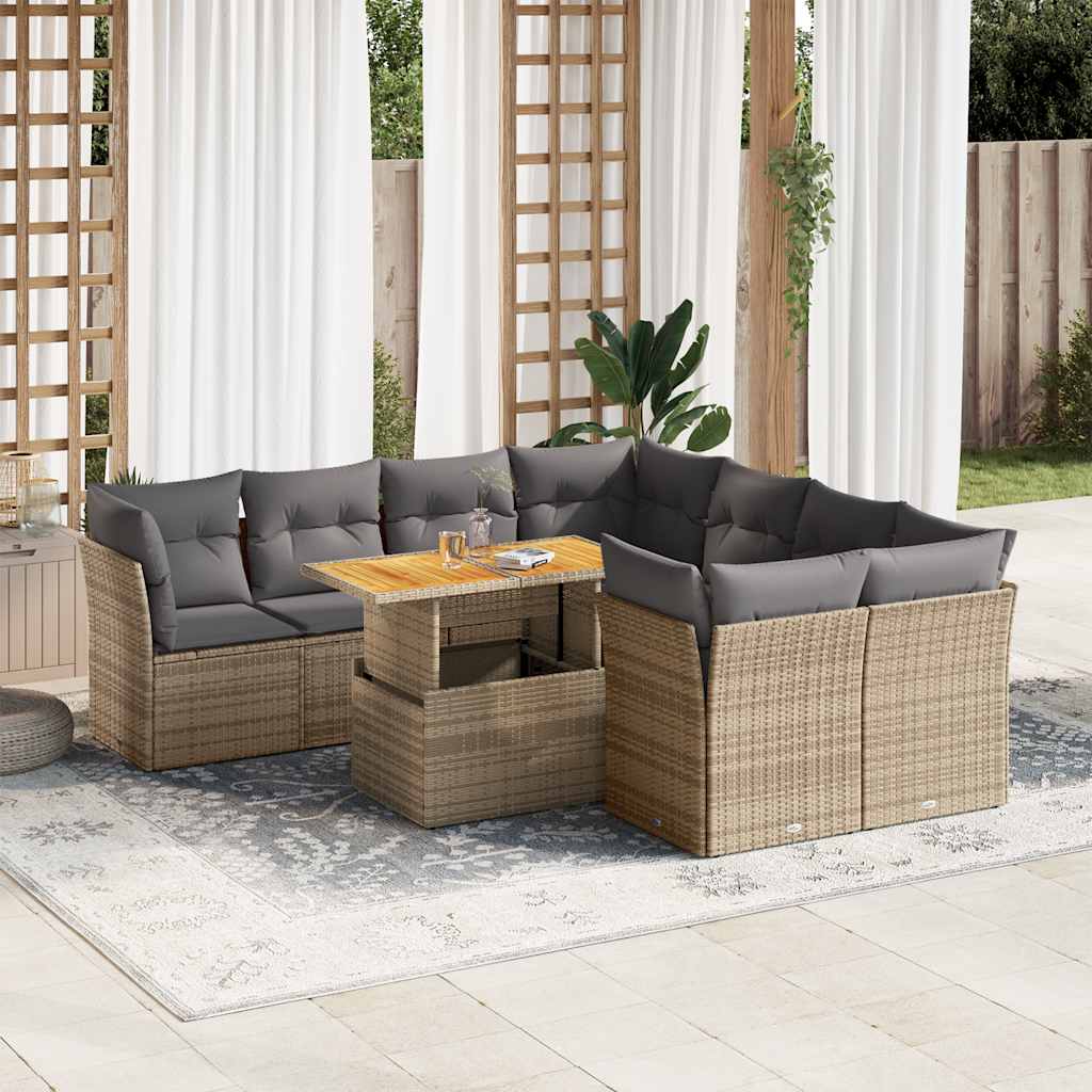 9 Pcs conjunto de sofás p/ jardim com almofadões vime PE bege
