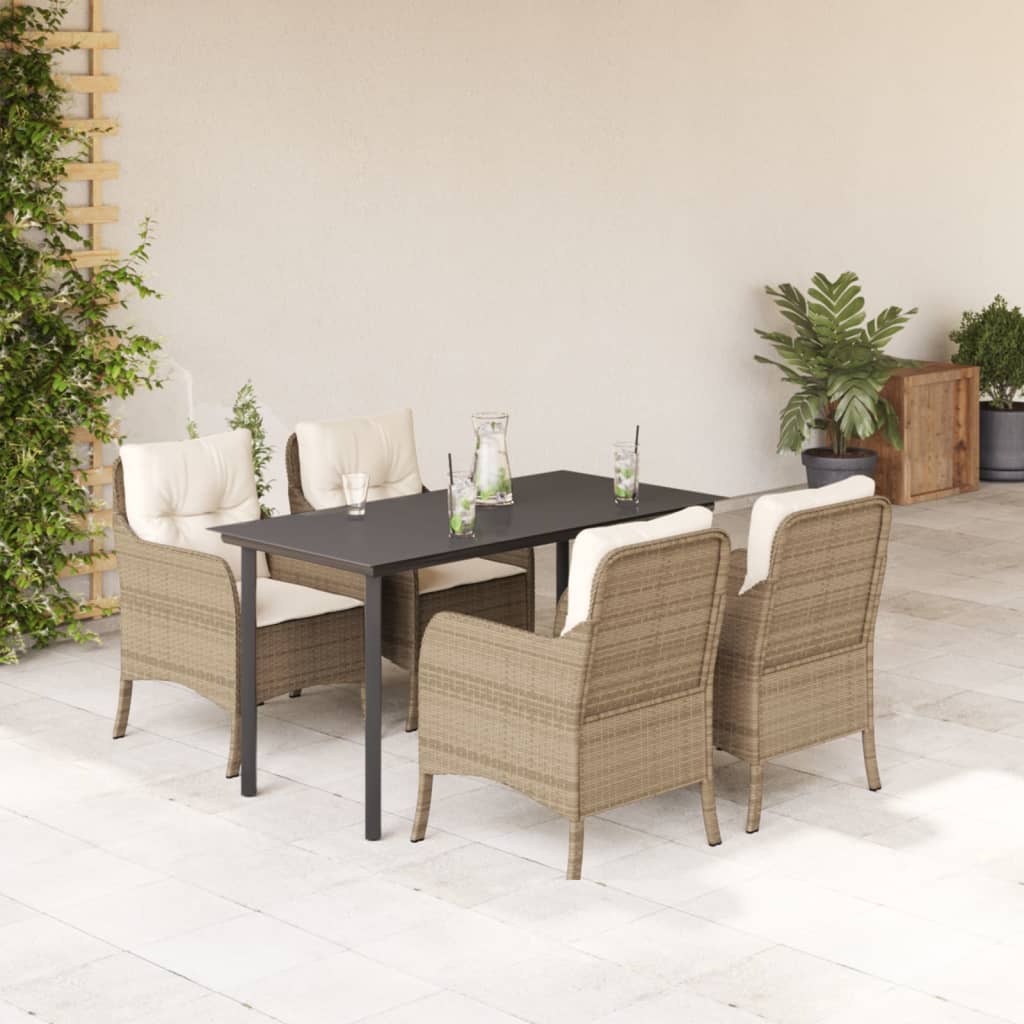 5 Pcs conjunto de jantar p/ jardim com almofadões vime PE bege