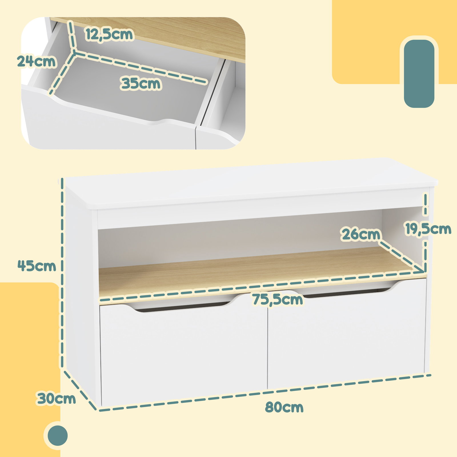 Organizador de brinquedos móvel de arrumação infantil com 2 gavetas e compartimento 80x30x45 cm branco