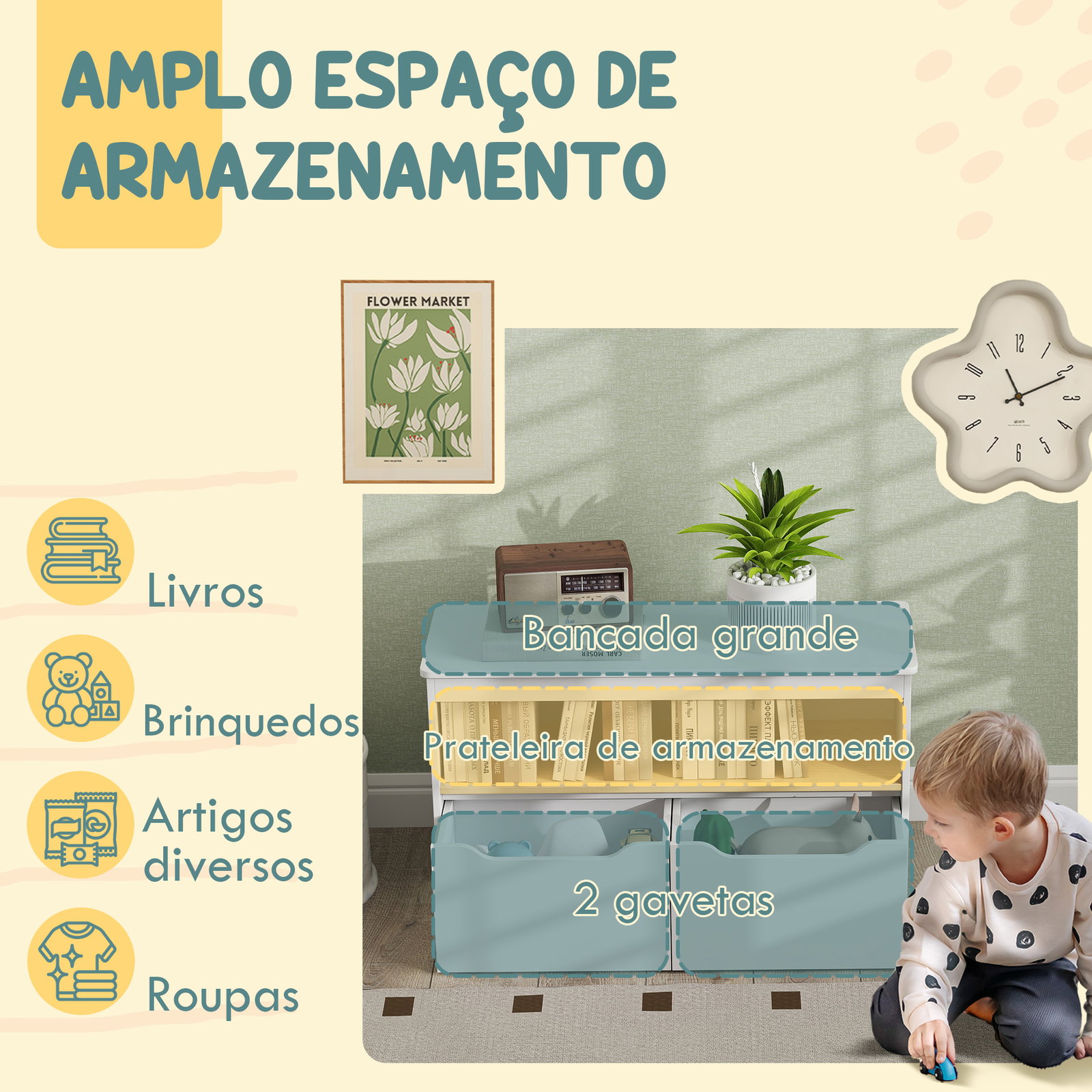 Organizador de brinquedos móvel de arrumação infantil com 2 gavetas e compartimento 80x30x45 cm branco