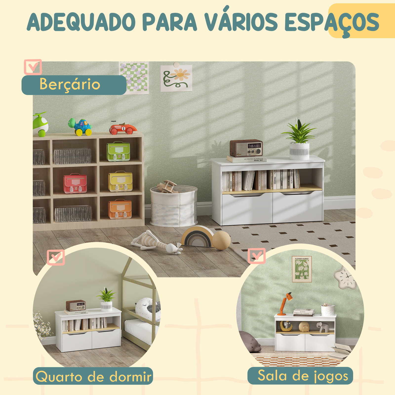 Organizador de brinquedos móvel de arrumação infantil com 2 gavetas e compartimento 80x30x45 cm branco