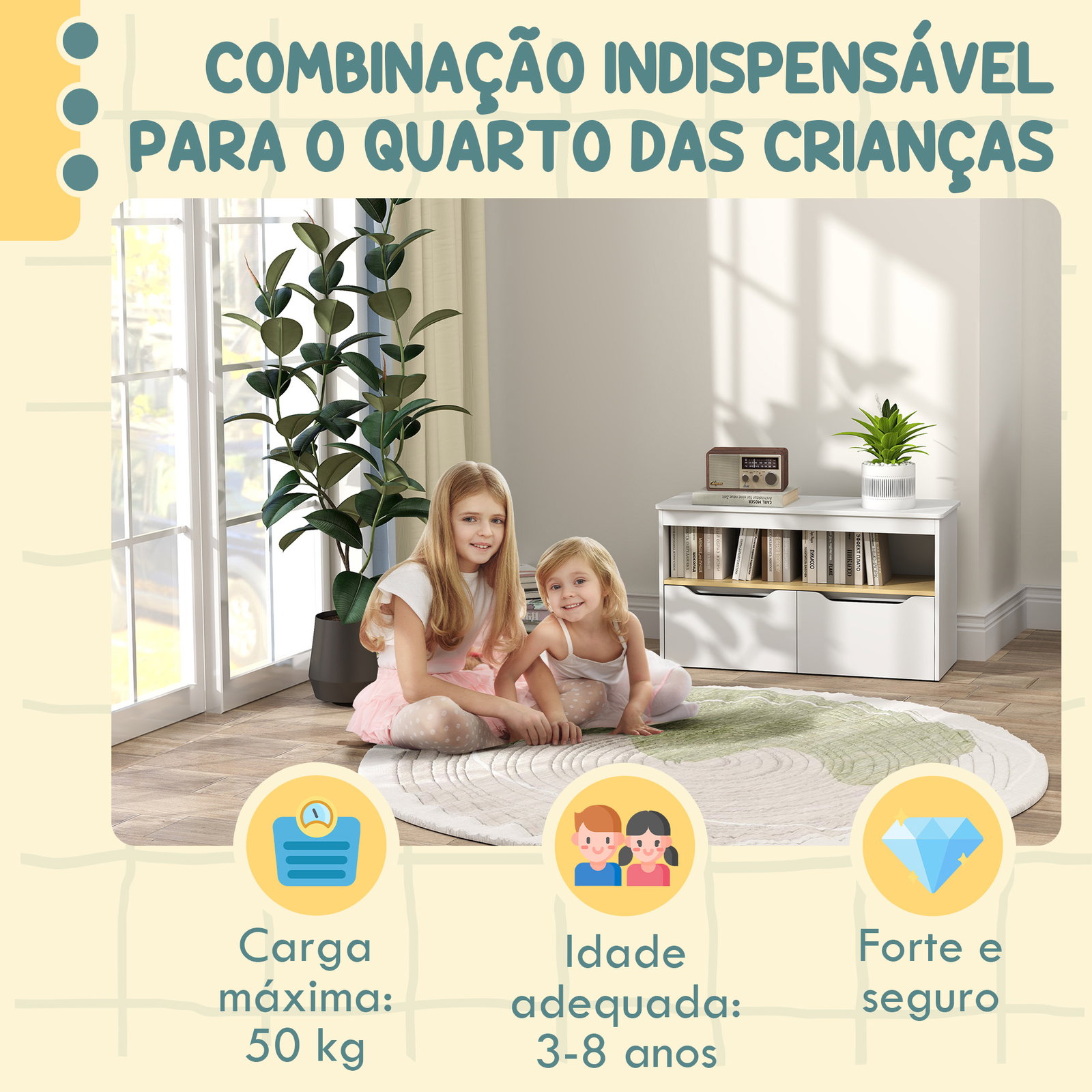 Organizador de brinquedos móvel de arrumação infantil com 2 gavetas e compartimento 80x30x45 cm branco