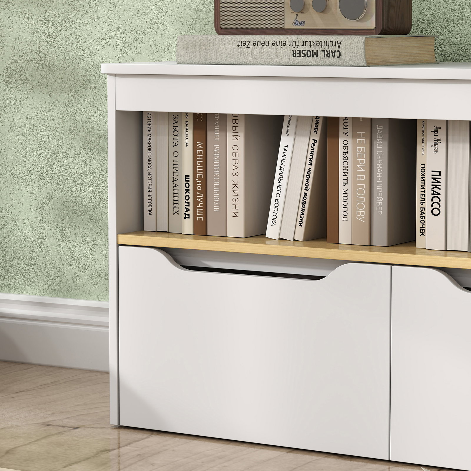 Organizador de brinquedos móvel de arrumação infantil com 2 gavetas e compartimento 80x30x45 cm branco