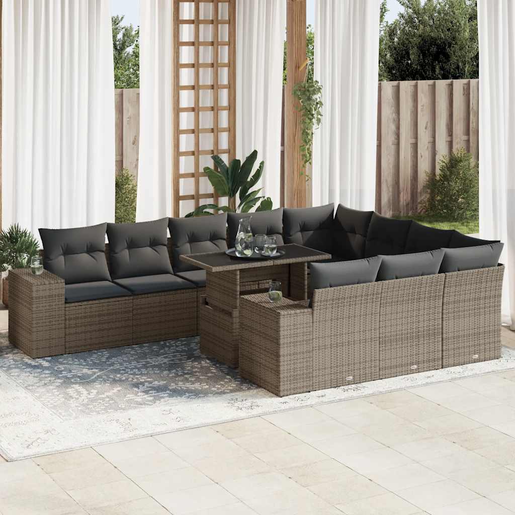 11 Pcs conjunto sofás de jardim c/ almofadões vime PE cinzento