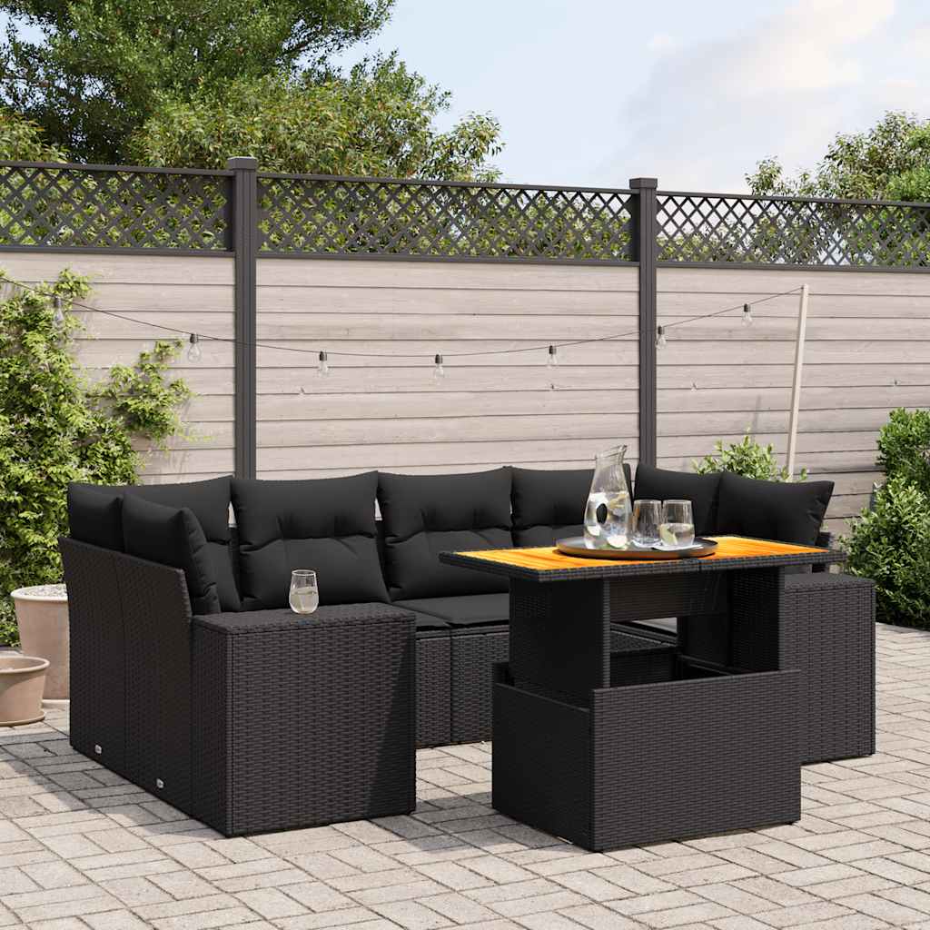 7 Pcs conjunto de sofás p/ jardim c/ almofadões vime PE preto