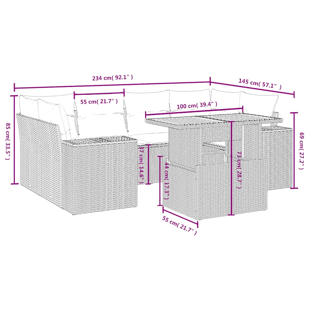 7 Pcs conjunto de sofás p/ jardim c/ almofadões vime PE preto