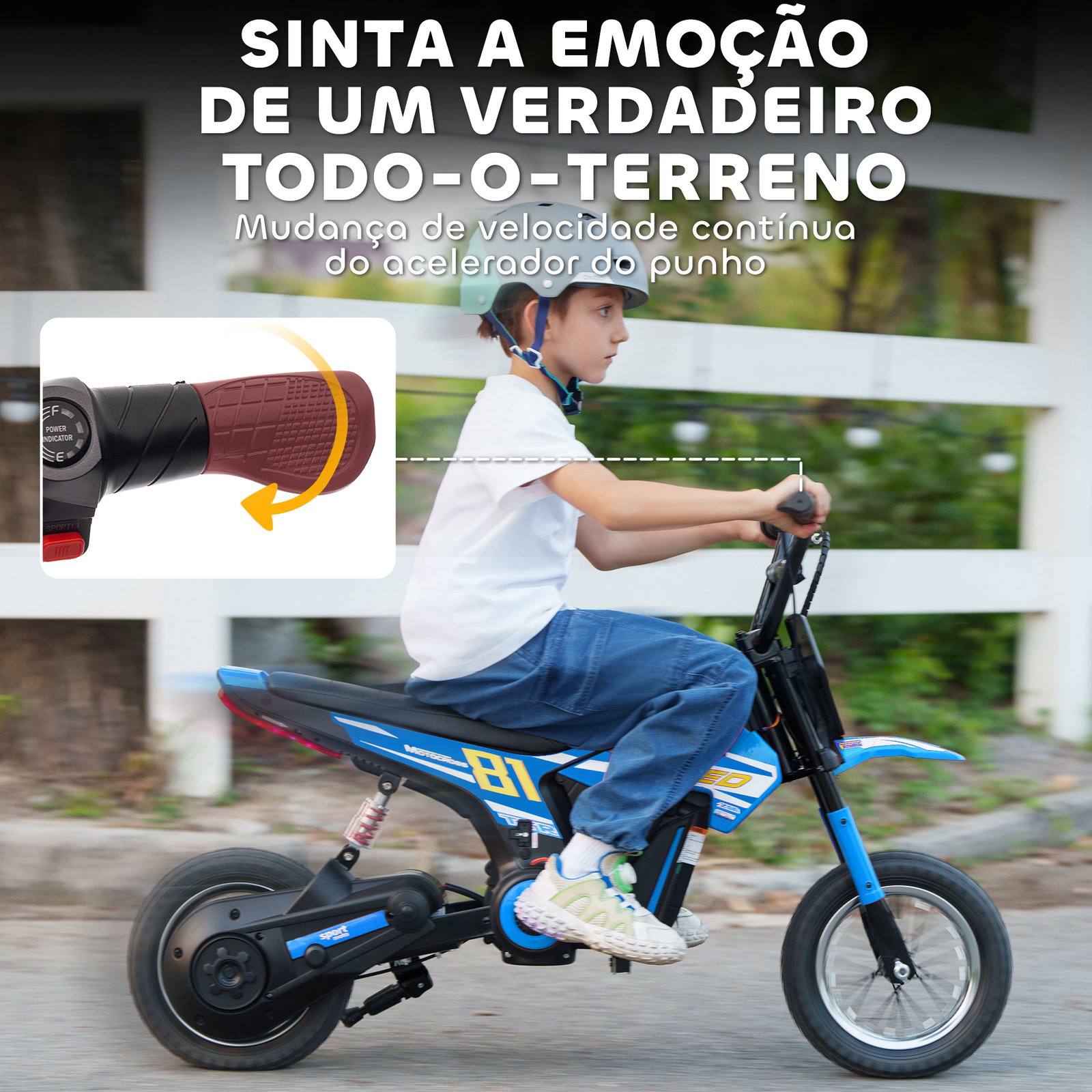 Mota elétrica para crianças 24v com motor 250w velocidade de 6-16km/h rodas de 30,5 cm para crianças de 8-12 anos azul