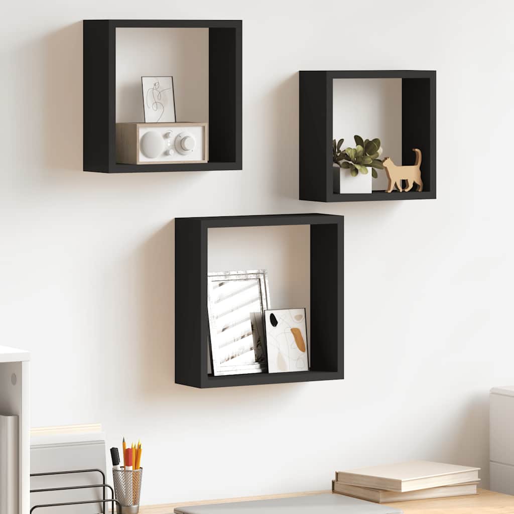 Prateleiras de parede em forma de cubo 3 pcs MDF preto
