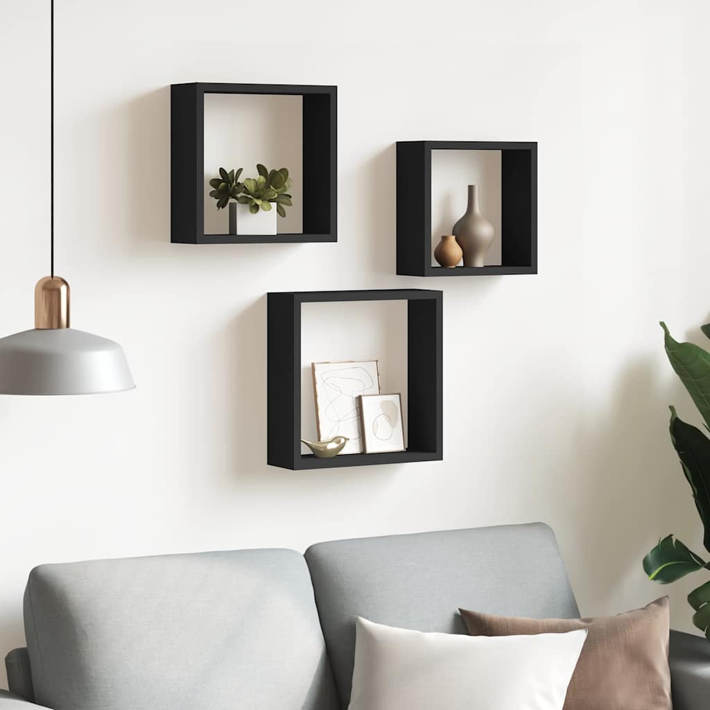 Prateleiras de parede em forma de cubo 3 pcs MDF preto