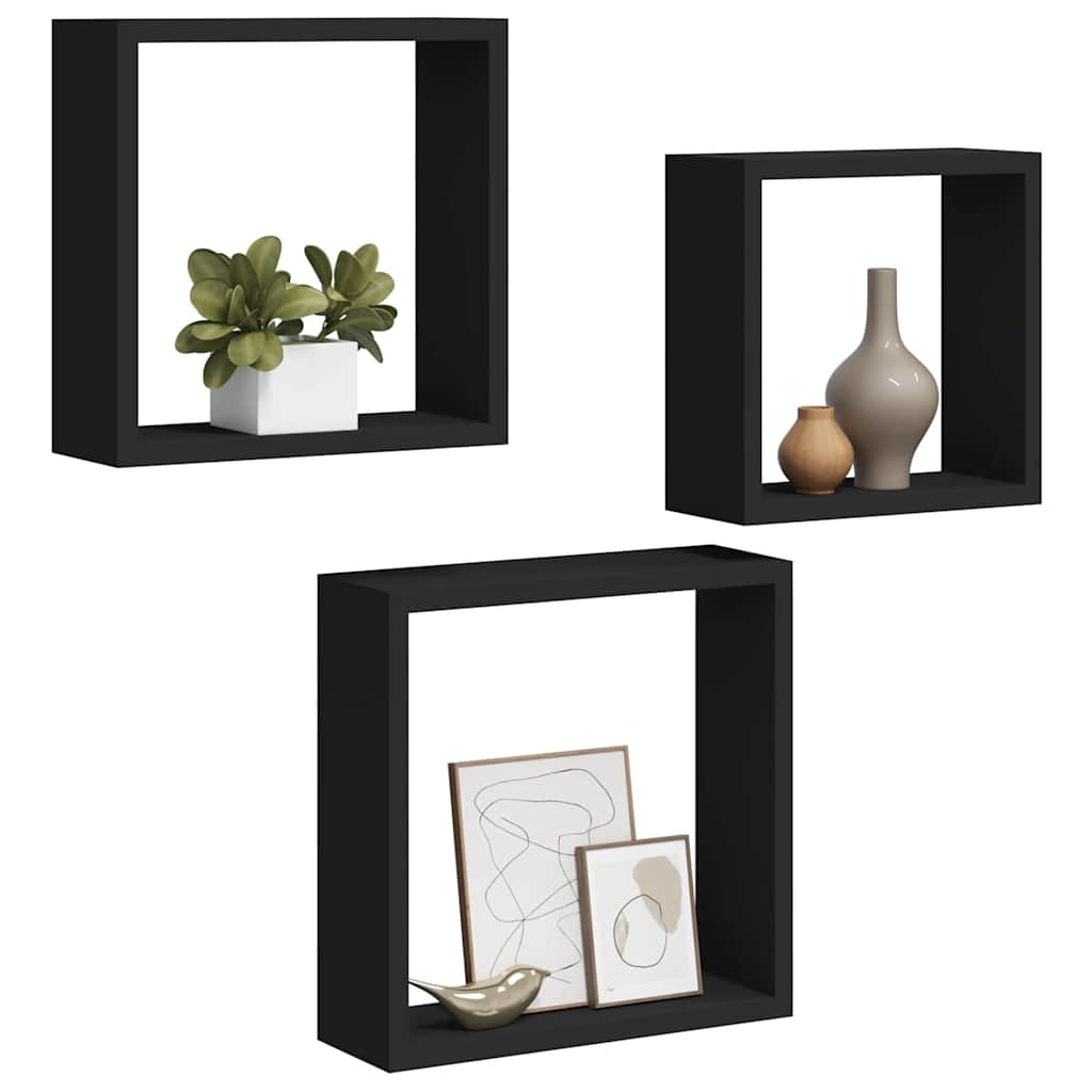 Prateleiras de parede em forma de cubo 3 pcs MDF preto