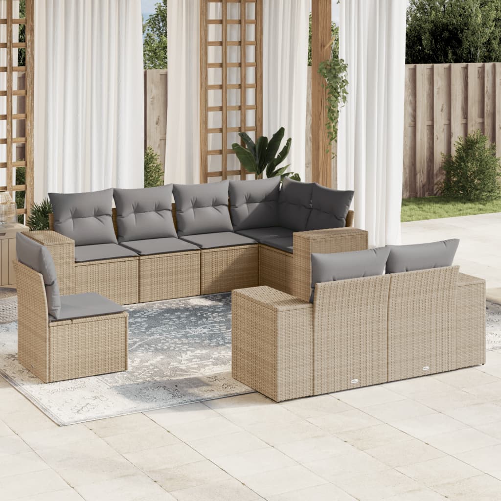 8 Pcs conjunto de sofás p/ jardim com almofadões vime PE bege