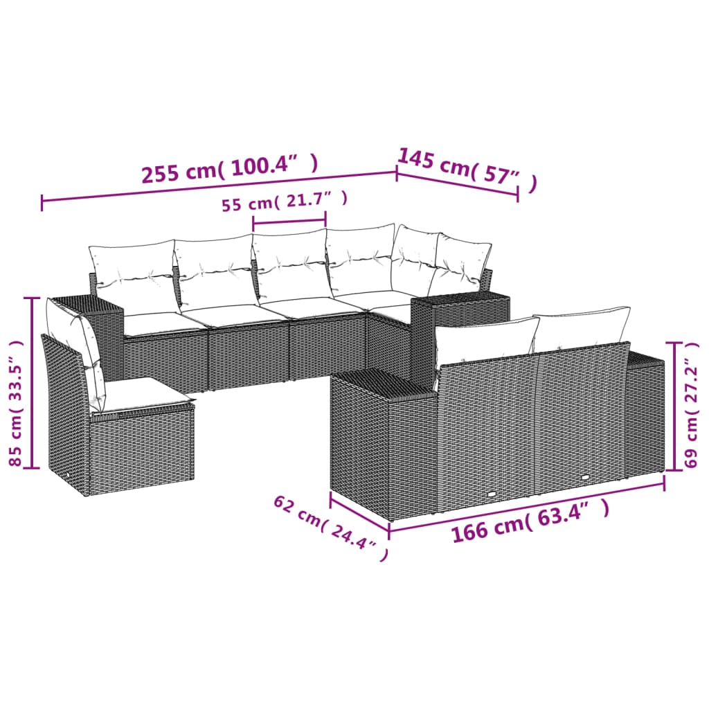 8 Pcs conjunto de sofás p/ jardim com almofadões vime PE bege