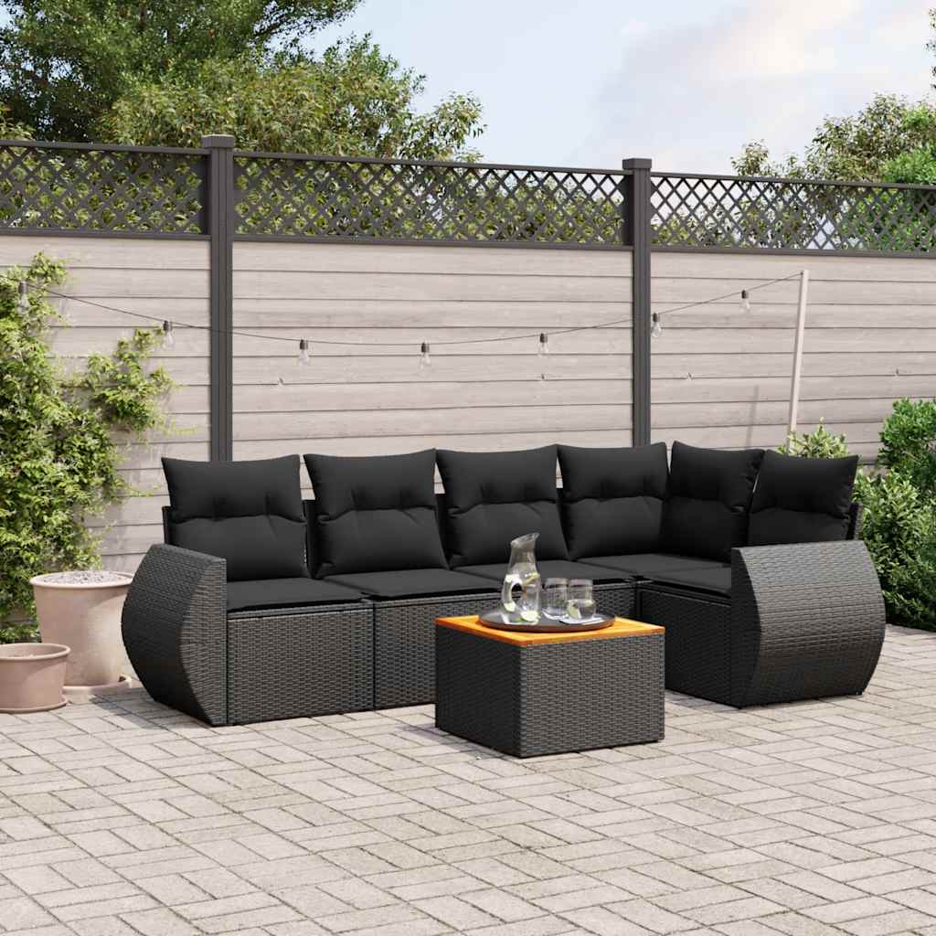 6 Pcs conjunto sofás de jardim c/ almofadões vime PE preto