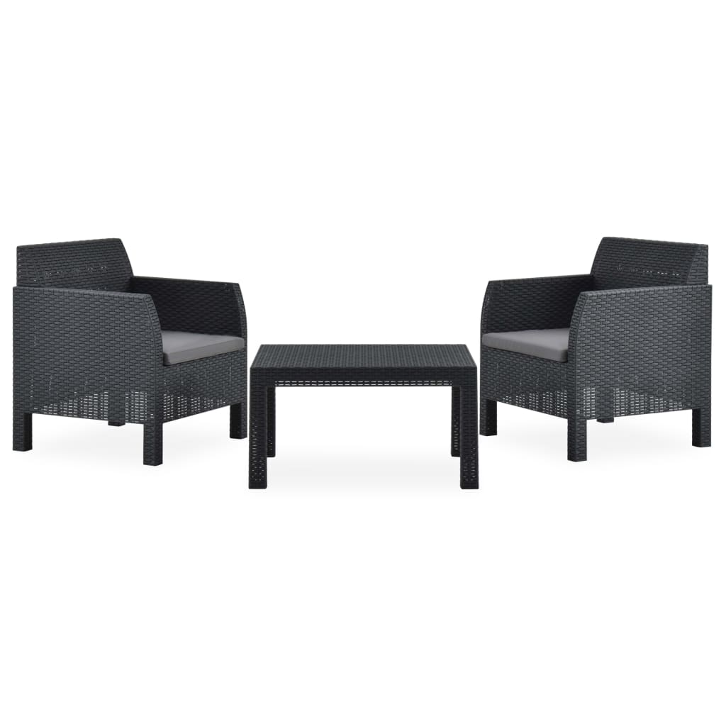 3 Pcs conjunto lounge jardim com almofadões vime PP antracite